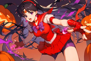 score_9, score_8_up, score_7_up, source_anime, BREAK, Sailor mars, Black hair, long hair, red hairband, beads, red vest, white puffy sleeves, biker shorts, fingerless gloves, 1 girl, solo, open mouth, Red fiery background, open hand, purple magic, (((Halloween)))、nighttime scene, 