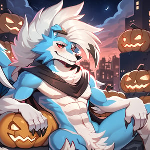 sexy furry male focus, make arcanine body, ((fluffy fur, fluffy, furry body)), red eyes, hair tuft, long hair, ((Light-blue Body Fur)), ((Light-blue Tail Fur)), ((White tip Tail)), Strong, Handsome, Long wolf tail, midnight_lycanroc head, ((white hair, long mohawk hair, long textured bangs with a peak finish)), (white muzzle, white forearms), Handsome muscular body, Medium Muscular Body, detailed fur, detailed face, detailed eyes, Handsome, Good Looking, Charming, blushing,,wearing a black thorn cape with demon horns and wings, red pupils, night, ruined city, pumpkin