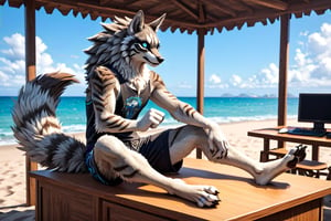 AniVerse,Seth, Big furry tail, sitting in a desk, casual clothing, beach shorts, best quality fingers in hands and feet, ((5fingers in hands, 4 toes)), hansome, detailed face, detailed eyes, big fluffy tail, trigger_(anime), 4k studio quality.,