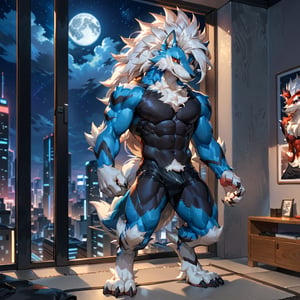 photorealistic, high detailed skin, high detailed face, intricate detail, masterpiece, professional photo, Kemono, Handsome Pokemon Arcanine, ((fluffy fur, fluffy, furry body)), red eyes, hair tuft, long hair, (light blue body, blue body, muscles), wolf tail, ((white hair, Only midnight_lycanroc Long mohawk hair)), 5 fingers, 4 toes, White toe claws, looking at viewer, Thick body, muscles, Detailed shiny Tiger stripes in arms and legs, hi res, anime, anime style, looking at the audience, Standing, sharp shadows, shaded, male focus, extreme detailed illustration, good anatomy, perfect anatomy, detailed RPG CG, masterpiece, best quality, detailed background, Single person, indoor,city,Look outside,Outside is the city,Black windbreaker,Black shorts, Alone,night,Artistic tones,Stand by the window.The highest quality of scene detail,  big_muscle,Best quality hands, best quality eye,detailed light blue fur,Delicate eyes.Extreme picture quality,by sollyz,by zixiong,by milkytiger1145