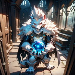  Pokemon Arcanine standing alone in a dark and mysterious hogwarts cemetery, wearing a black robe, expression of sadness, (best quality,4k,8k,highres,masterpiece:1.2),ultra-detailed,(realistic,photorealistic,photo-realistic:1.37),cinematic lighting,moody atmosphere,dramatic shadows,intricate details,melancholy,portrait,fantasy,magic,  heading towards the front door, ((fluffy fur, fluffy, furry body)), red eyes, hair tuft, long hair, (light blue body, blue body), (white torso), muscle, hunk, sexy, handsome boy, detailed eyes, wolf tail, ((white hair, Only midnight_lycanroc Long mohawk hair)), White toe claws, 5 fingers, 4 toes, Tiger stripes in arms and legs, wearing a black cape and old thorne rope, Holding a book in one hand, on the other hand casting a shiny blue orb of magic, hi res,  sharp shadows, shaded, male focus, extreme detailed illustration, best quality, detailed background,