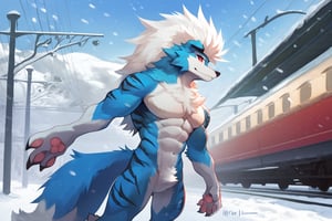 absurdres, Perfect Anatomy, magnificent picture of perfect anatomy, furry, male focus, arcanine body, ((fluffy fur, fluffy, furry body)), (wolf print), red eyes, hair tuft, long hair, ((Light-blue Body Fur)), Long Tail, ((Light-blue Tail Fur)), ((White tip Tail)), Strong, Handsome, Muscular, Long wolf tail, midnight_lycanroc head, ((white hair, long mohawk hair, long textured bangs with a peak finish)), (white muzzle, white forearms), Handsome muscular body, ((Black Tiger stripes in arms)), ((Black Tiger stripes in legs)), ((5 fingers, Best Quality, White toe claws)), (White torso), ((Pink feet paws, pink pawpads)), full body, (Youth Men), (muscular,Thin figure), with well toned abs, masterpiece, best quality, perfect anatomy, bright eyes, watery eyes, kemono, male, solo,winter clothing, gentle, looking at the horizon, train station, snow, (snowflake:O.9), grey sky, snowing, snowy mountain, (foa:O.4), detailed eyes, neutral facial expression