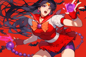 score_9, score_8_up, score_7_up, source_anime, BREAK, Sailor mars, Black hair, long hair, red hairband, beads, red vest, white puffy sleeves, biker shorts, fingerless gloves, 1 girl, solo, open mouth, Red background, open hand, purple magic, (((Halloween)))、nighttime scene, 