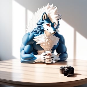 Correct body structure,Correct finger structure,Correct pupil structure,single person, Pokemon arcanine, ((fluffy fur, fluffy, furry body)), (wolf print), red eyes, hair tuft, long hair, (light blue body, blue body, muscles), wolf tail, ((white hair, Only midnight_lycanroc mohawk hair)), (white muzzle, white forearms), Thick muscular body, Thick body, muscles, Detailed Tiger stripes in arms and legs, muscles, White torso, smile, Physical education teacher, sunny handsome, Camera on white round table, Simple background, White wall, Dappled light, Natural light, Interior rendering, West Jimmy, Clear detail, Realism, rendering, Nikon, C4D, 3DMAX, Redshift rendering, corona rendered, Bejas --ar 1:2 --C 10, , hands crossed, Shy, estrus