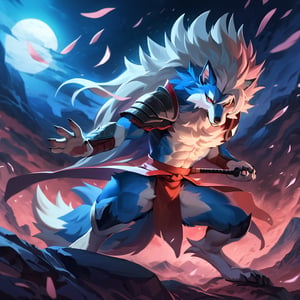 (best quality,4k,8k,highres,masterpiece:1.2),ultra-detailed,sexy furry male focus, make arcanine body, ((fluffy fur, fluffy, furry body)), red eyes, hair tuft, long hair, ((Light-blue Body Fur)), ((Light-blue Tail Fur)), ((White tip Tail)), Strong, Handsome, Long wolf tail, midnight_lycanroc head, ((white hair, long mohawk hair, long textured bangs with a peak finish)), (white muzzle, white forearms), Handsome muscular body, Medium Muscular Body, detailed fur, detailed face, detailed eyes, Handsome, Good Looking, Charming, well toned abs, cyberpunk samurai, action pose with katana,sharp focus, professional, vivid colors, studio lighting, dark atmosphere, lit by moonlight, glowing red eyes, expressive, sexy samurai armor, dynamic movement, mysterious background scenery, sinuous motion, intense fight scene with flying cherry blossoms