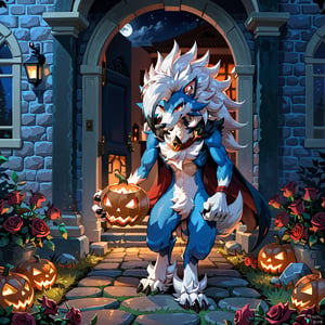 dark dark dark mansion full moon night with path of red roses planted around the stones to the entrance of the mansion, Pokemon Arcanine heading towards the front door, ((fluffy fur, fluffy, furry body)), red eyes, hair tuft, long hair, (light blue body, blue body, muscles), wolf tail, ((white hair, Only midnight_lycanroc Long mohawk hair)), White toe claws, wearing a black cape and old thorne rope,looking at the viewer, Holding a jack-o-lantern in one hand, hi res,  sharp shadows, shaded, male focus, extreme detailed illustration, best quality, detailed background,