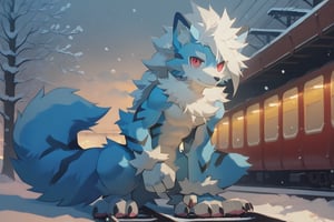 absurdres, Perfect Anatomy, magnificent picture of perfect anatomy, furry, male focus, arcanine body, ((fluffy fur, fluffy, furry body)), (wolf print), red eyes, hair tuft, long hair, ((Light-blue Body Fur)), Long Tail, ((Light-blue Tail Fur)), ((White tip Tail)), Strong, Handsome, Muscular, Long wolf tail, midnight_lycanroc head, ((white hair, long mohawk hair, long textured bangs with a peak finish)), (white muzzle, white forearms), Handsome muscular body, ((Black Tiger stripes in arms)), ((Black Tiger stripes in legs)), ((5 fingers, Best Quality, White toe claws)), (White torso), ((Pink feet paws, pink pawpads)), full body, (Youth Men), (muscular,Thin figure), with well toned abs, masterpiece, best quality, perfect anatomy, bright eyes, watery eyes, kemono, male, solo,winter clothing, gentle, looking at the horizon, train station, snow, (snowflake:O.9), grey sky, snowing, snowy mountain, (foa:O.4), detailed eyes, neutral facial expression