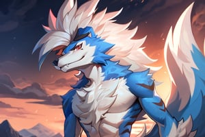 (best quality,4k,8k,highres,masterpiece:1.2),ultra-detailed,sexy furry (highly detailed beautiful face and eyes) perfect anatomy(furry, male focus, solo, arcanine body, ((fluffy fur, fluffy, furry body)), (wolf print), red eyes, hair tuft, long hair, ((Light-blue Body Fur)), Long Tail, ((Light-blue Tail Fur)), ((White tip Tail)), Strong, Handsome, Muscular, Long wolf tail, midnight_lycanroc head, ((white hair, long mohawk hair, long textured bangs with a peak finish)), (white muzzle, white forearms), Handsome muscular body, ((Black Tiger stripes in arms)), ((Black Tiger stripes in legs)), ((5 fingers, Best Quality, White toe claws)), White torso), full body ,alone, (Youth Men), (muscular,Thin figure), with well toned abs, (((masterpiece,best quality,ultra-detailed))), best quality, masterpiece, highres, solo, (lappland_arknights:1.10), crying, sobbing, tears, portrait, looking at viewer,