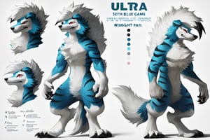  ((masterpiece)), (ultra detailed), (best quality), detailed background, (concept art, character design sheet), game package, absurdres, (highly detailed beautiful face and eyes), perfect anatomy, (furry, male focus, solo), arcanine body, ((fluffy fur, fluffy, furry body)), (wolf print), red eyes, hair tuft, long hair, ((Light-blue Body Fur)), Long Tail, ((Light-blue Tail Fur)), ((White tip Tail)), Strong, Handsome, Muscular, Long wolf tail, midnight_lycanroc head, ((white hair, long mohawk hair, long textured bangs with a peak finish)), (white muzzle, white forearms), Handsome muscular body, ((Black Tiger stripes in arms)), ((Black Tiger stripes in legs)), ((5 fingers, Best Quality 4 toes, White toe claws)), (White torso), reference sheet, full body , detailed features like expressive eyes, bushy tail, sharp teeth, realistic fur texture, medium: digital illustration, front view and back view, high-resolution, professional quality, adorable and charismatic personality, attention to anatomical accuracy, designed facial structur, ((include four facial expressions happyness, saddness, crying and anger)). Name of character: Seth, Species: Mix of arcanine and S. midnight lycanroc.