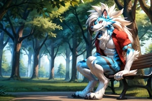 (best quality,4k,8k,highres,masterpiece:1.2),ultra-detailed,sexy furry (highly detailed beautiful face and eyes) perfect anatomy(furry, male focus, solo, arcanine body, ((fluffy fur, fluffy, furry body)), (wolf print), red eyes, hair tuft, long hair, ((Light-blue Body Fur)), Long Tail, ((Light-blue Tail Fur)), ((White tip Tail)), Strong, Handsome, Muscular, Long wolf tail, midnight_lycanroc head, ((white hair, long mohawk hair, long textured bangs with a peak finish)), (white muzzle, white forearms), Handsome muscular body, ((Black Tiger stripes in arms)), ((Black Tiger stripes in legs)), ((5 fingers, Best Quality, White toe claws)), White torso), full body ,alone, (Youth Men), (muscular,Thin figure), with well toned abs, (((masterpiece,best quality,ultra-detailed))), sitting on a bench in the park, hyper realistic, fluffy, 4k resolution, hyper detailed, wearing a red shirt, green jeans and very stylish, beautyfull face, ITMStyle