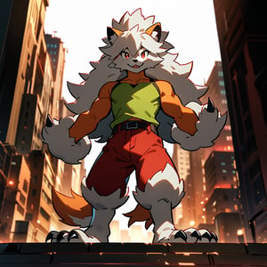 masterpiece, professional photo, Pokemon Arcanine, ((fluffy fur, fluffy, furry body)), red eyes, hair tuft, long hair, (light blue body, blue body, muscles), wolf tail, ((white hair, Only midnight_lycanroc Long mohawk hair)), 5 fingers, 4 toes, White toe claws, looking at viewer, Thick body, muscles, Tiger stripes in arms and legs, White torso, wearing red long shorts and green t-shirt, hi res,City, Handsome,Have a better figure,Say hello by chance,Cai Xukun's