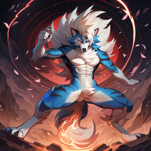 (best quality,4k,8k,highres,masterpiece:1.2),ultra-detailed,sexy furry (highly detailed beautiful face and eyes) perfect anatomy(furry, male focus, solo, arcanine body, ((fluffy fur, fluffy, furry body)), (wolf print), red eyes, hair tuft, long hair, ((Light-blue Body Fur)), Long Tail, ((Light-blue Tail Fur)), ((White tip Tail)), Strong, Handsome, Muscular, Long wolf tail, midnight_lycanroc head, ((white hair, long mohawk hair, long textured bangs with a peak finish)), (white muzzle, white forearms), Handsome muscular body, ((Black Tiger stripes in arms)), ((Black Tiger stripes in legs)), ((5 fingers, Best Quality, White toe claws)), White torso), full body ,alone, (Youth Men), (muscular,Thin figure), with well toned abs, action pose with a flame sword, surrounded by a vortex of flames, sharp focus, professional, vivid colors, studio lighting, dark atmosphere, lit by moonlight, glowing red eyes, combat expression, expressive, sexy samurai armor, dynamic movement, mysterious background scenery, sinuous motion, intense fight scene with flying cherry blossoms, with a bleeding scar in one arm.
