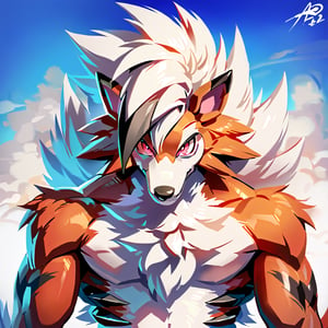 furry male, Pokemon arcanine, ((fluffy fur, fluffy, furry body)), (wolf print), red eyes, hair tuft, long hair, (light blue body, blue body, muscles), wolf tail, ((white hair, Only midnight_lycanroc mohawk hair)), (white muzzle, white forearms), Thick muscular body, Thick body, muscles, Detailed Tiger stripes in arms,  hot body, muscle, Beautiful, sexual, Attractive guy, (Detailed red eyes), brows, (masterpiece, A high resolution, Best quality), 4K, a male, portrait, Beautiful shadow, pecs focus, Police uniform, In the city, against the background of the city, 