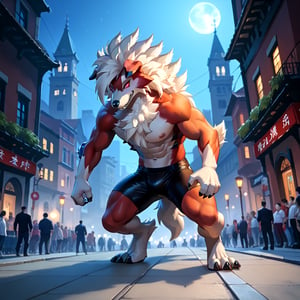 photorealistic, high detailed skin, high detailed face, intricate detail, masterpiece, professional photo, Pokemon Arcanine, ((fluffy fur, fluffy, furry body)), red eyes, hair tuft, long hair, (light blue body, blue body, muscles), wolf tail, ((white hair, Only midnight_lycanroc Long mohawk hair)), 5 fingers, 4 toes, White toe claws, looking at viewer, Thick body, muscles, Detailed shiny Tiger stripes in arms and legs, hi res, anime, anime style, looking at the audience, Standing, sharp shadows, shaded, male focus, extreme detailed illustration, good anatomy, perfect anatomy, detailed RPG CG, masterpiece, best quality, detailed background, Single person, indoor,city,Look outside,Outside is the city,Black windbreaker,Black shorts, Alone,night,Artistic tones,Stand by the window.The highest quality of scene detail, teenager, big_muscle,Best quality hands, best quality eye,detailed light blue fur,Delicate eyes.Extreme picture quality,by sollyz,by zixiong,by milkytiger1145