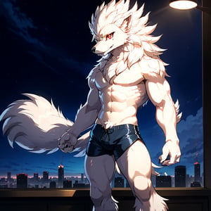 photorealistic, high detailed skin, high detailed face, intricate detail, masterpiece, professional photo, Kemono, Handsome Pokemon Arcanine, ((fluffy fur, fluffy, furry body)), red eyes, hair tuft, long hair, (light blue body, blue body, muscles), wolf tail, ((white hair, Only midnight_lycanroc Long mohawk hair)), 5 fingers, 4 toes, White toe claws, looking at viewer, Thick body, muscles, Detailed shiny Tiger stripes in arms and legs, hi res, anime, anime style, looking at the audience, Standing, sharp shadows, shaded, male focus, extreme detailed illustration, good anatomy, perfect anatomy, detailed RPG CG, masterpiece, best quality, detailed background, Single person, indoor,city,Look outside,Outside is the city,Black windbreaker,Black shorts, Alone,night,Artistic tones,Stand by the window.The highest quality of scene detail,  big_muscle,Best quality hands, best quality eye,detailed light blue fur,Delicate eyes.Extreme picture quality,by sollyz,by zixiong,by milkytiger1145