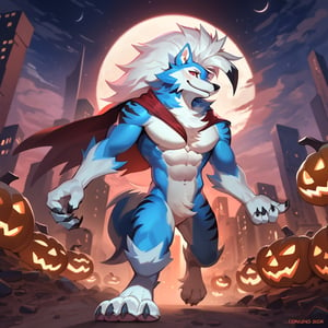 sexy furry male focus, make arcanine body, ((fluffy fur, fluffy, furry body)), red eyes, hair tuft, long hair, ((Light-blue Body Fur)), ((Light-blue Tail Fur)), ((White tip Tail)), Strong, Handsome, Long wolf tail, midnight_lycanroc head, ((white hair, long mohawk hair, long textured bangs with a peak finish)), (white muzzle, white forearms), Handsome muscular body, ((Black Tiger stripes in arms)), ((Black Tiger stripes in legs)), ((5 fingers, Best Quality 4 toes, White toe claws)), White torso, male, Muscular Body, detailed fur, detailed face, detailed eyes, Standing, full body, walking towards viewer, Handsome, Good Looking, Charming, Muscular Body, detailed fur, detailed face, detailed eyes, Handsome, Good Looking, Charming, blushing,, wearing a black thorn cape, one blody sword in hand, red pupils, night, ruined city, pumpkin