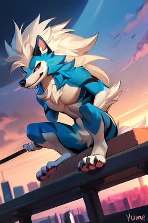 top quality, high-quality illustrations((masterpiece))depth of field, motion blur, absurdres, Perfect Anatomy, magnificent picture of perfect anatomy(furry, male focus, solo, arcanine body, ((fluffy fur, fluffy, furry body)), (wolf print), red eyes, hair tuft, long hair, ((Light-blue Body Fur)), Long Tail, ((Light-blue Tail Fur)), ((White tip Tail)), Strong, Handsome, Muscular, Long wolf tail, midnight_lycanroc head, ((white hair, long mohawk hair, long textured bangs with a peak finish)), (white muzzle, white forearms), Handsome muscular body, ((Black Tiger stripes in arms)), ((Black Tiger stripes in legs)), ((5 fingers, Best Quality, White toe claws)), (White torso), ((Pink feet paws, pink pawpads)), full body ,alone, (Youth Men), (muscular,Thin figure), with well toned abs, (Ultra Real), (illustration), anime - style picture of a man sitting on a ledge with a night city in the background, lofi artstyle, anime style 4 k, inspired by Liam Wong, anime style. 8k, 4k anime wallpaper, anime art wallpaper 8 k, 2 d art, 2d art, badass anime 8 k, by Yuumei, anime art wallpaper 4k, (Wolf Tail)