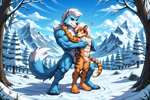 absurdres, Perfect Anatomy, magnificent picture of perfect anatomy, furry, male focus, arcanine body, ((fluffy fur, fluffy, furry body)), (wolf print), red eyes, hair tuft, long hair, ((Light-blue Body Fur)), Long Tail, ((Light-blue Tail Fur)), ((White tip Tail)), Strong, Handsome, Muscular, Long wolf tail, midnight_lycanroc head, ((white hair, long mohawk hair, long textured bangs with a peak finish)), (white muzzle, white forearms), Handsome muscular body, ((Black Tiger stripes in arms)), ((Black Tiger stripes in legs)), ((5 fingers, Best Quality, White toe claws)), (White torso), ((Pink feet paws, pink pawpads)), full body, (Youth Men), (muscular,Thin figure), with well toned abs, (illustration), ((Barefoot furry character, full body, cinematic setting, furry male, plantigrade))) 2boys, hugging from behind

God I miss you like hell
I was wrong I can tell
For the heart can be (((blind and frozen)))
Now I live with the pain
Every night, every day
As I read those letters you wrote me

How I long for the time
When your lips would kiss mine
And the promise was still unbroken
I will wait for tomorrow
That may never come
I will wait in the name of love

BREAK, winter, snow, ice, sad atmosphere, intricate details, highly detailed, extreme detail, octane render, fine art, best quality, highres, (detailed face:1.5), ((full_body)), UHD, (((perfect hands))), low light