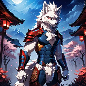 (best quality,4k,8k,highres,masterpiece:1.2),ultra-detailed,sexy furry male focus, make arcanine body, ((fluffy fur, fluffy, furry body)), red eyes, hair tuft, long hair, ((Light-blue Body Fur)), ((Light-blue Tail Fur)), ((White tip Tail)), Strong, Handsome, Long wolf tail, midnight_lycanroc head, ((white hair, long mohawk hair, long textured bangs with a peak finish)), (white muzzle, white forearms), Handsome muscular body, Medium Muscular Body, detailed fur, detailed face, detailed eyes, Handsome, Good Looking, Charming, well toned abs, cyberpunk samurai, action pose with katana,sharp focus, professional, vivid colors, studio lighting, dark atmosphere, lit by moonlight, glowing red eyes, expressive, sexy samurai armor, dynamic movement, mysterious background scenery, sinuous motion, intense fight scene with flying cherry blossoms