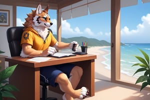 AniVerse,Seth, Big furry tail, sitting in a desk, casual clothing, beach shorts, best quality fingers in hands and feet, ((5fingers in hands, 4 toes)), hansome, detailed face, detailed eyes, big fluffy tail, trigger_(anime), 4k studio quality.,score_9,source_anime