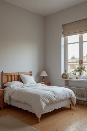 A small bedroom with a neatly made bed but no one on it.