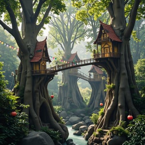 Fantasy village in the trees: houses and bridges built on tall trees, with colorful flags, bridges and lanterns, creating the impression of a magical elven village.