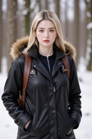 Captured at eye-level, a blonde woman stands in a winter scene, her hair cascades over her shoulders. She is dressed in a black leather jacket, a brown leather backpack, and black gloves. Her coat is adorned with a brown fur hood, adding a touch of warmth to her outfit. The background is blurred, creating a stark contrast to the woman's outfit.