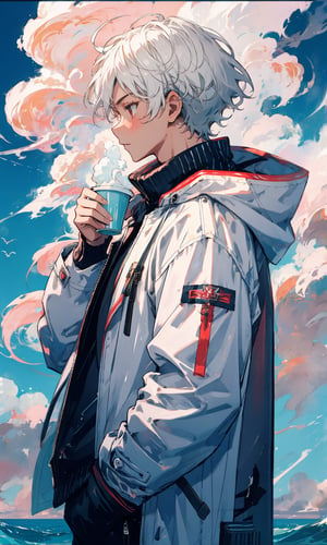 solo, short hair, shirt, white hair, long sleeves, 1boy, holding, jacket, upper body, male focus, outdoors, sky, cloud, from side, cup, coat, profile, cloudy sky, holding cup, disposable cup, waves