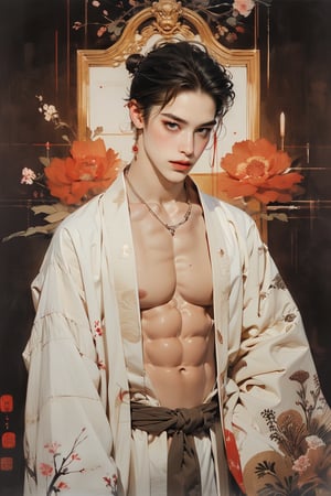 1 boy, handsome, white, looking at the audience, sexy and exposed, no nudity, line abdominal muscles, masterpiece, impasto, painting, movie lighting, dynamic light, medium lens, whole body, ultra-detailed, 1 male god, brown long hair, black eyes, white dress, hug, simple background, popular art station, trend WLOP, full rendering, expression style, traditional Japanese art, beautyniji, tianyuan, chinkstyle, BlackworkStyleManityro