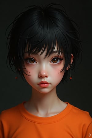 Generate hyper realistic close portrait of a beautiful girl, short messy black hair with a punk cut, dark background, orange t-shirt, very detailed beautiful eyes. Very detailed, provocative face, (dynamic provocative pose),   soft colors artwork, hight detailed,