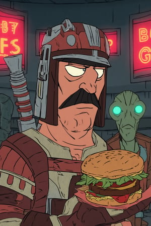 "A close-up of Bob Belcher from Bob’s Burgers wearing a bounty hunter helmet that’s a mix of Mandalorian armor and a greasy burger joint look. His expression is deadpan but determined, with a ketchup blaster in one hand and a burger in the other. The background is a galactic fast-food arena, with neon burger signs and alien customers staring in shock. The colors are classic reds, whites, and greasy browns, with a humorous comic style mixed with sci-fi armor detail that gives Bob a reluctant hero look."