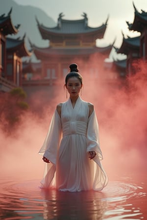 A Chinese Taoist woman wearing white Taoist robe, off shoulders, bar shoulders, single bun,cinematic light, perfect anatomy, (smoke:1.4), stand in water with front facing us, a drift of red smoke swirls around here, background is (Taoist temple:1.4), (swirls smoke:1.4), sharp focus, volumetric fog, 8k UHD, DSLR, high quality,