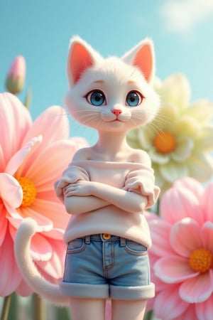 A anthropomorphic cat, beautiful, wearing an off the shoulder top and denim shorts ,with large colorful flowers on a background of giant pastel colored flower petals, perfect body shape, cute pose, bright light blue sky, photorealistic portraits in the style of giant pastel colored flower petals, light purple green pink yellow colors, solid color backgrounds, hyper realistic photography, romantic charm, cute cartoonish designs
