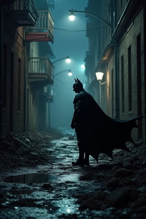 A dark alleyway at night, lit only by flickering street lamps casting long shadows. Batman, a silhouette of vigilante justice, stands tall amidst crumbling concrete and twisted metal. His piercing eyes scan the scene, alert for any sign of danger as he crouches low, his cape fluttering in the wind.