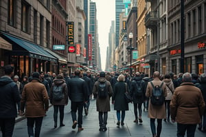 A photo of, busy city street with diverse pedestrians, urban cityscape with tall buildings and street signs, natural daylight with strong shadows, high resolution, street photography style, shot on Leica M10, f/8 aperture, 35mm focal length