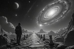 Full-length photograph of traveler in lower left corner, back turned or half-turned, outer space with stars, planets, nebulae and spiral galaxies, chess road disappearing into the distance, 3D chess pieces floating in space in black and white, Canon EOS R5, f/2.8, focal length 24 mm
