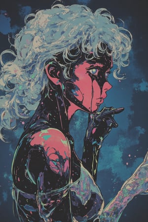 1990s anime screencap, lofi aesthetic, a close-up portrait reveals a stunning woman with ethereal, curly white hair cascading around her face. Her neon pastel eyes glow vividly, creating a stark contrast against the melting black marble that flows elegantly from her visage. Holographic iridescent liquid drips gracefully down her body, shimmering like liquid glass, catching and reflecting soft ambient light. The dynamic pose exudes strength and allure, with intricate details capturing every curve and fold. The background is a mesmerizing blend of dark hues with scattered neon particles, adding depth and magic to the scene. Soft, surreal lighting casts an otherworldly glow, illuminating her in warm, romantic tones. 