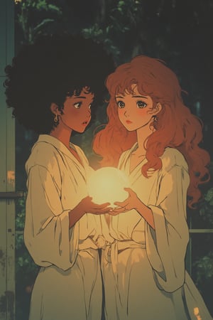 1990s anime screencap, lofi aesthetic, two women standing together, each holding a glowing orb that radiates an ethereal warm light. One woman has beautiful black skin and a voluminous curly afro, exuding confidence and grace. She wears flowing white garments that seem to float around her, enhancing her ethereal presence. Beside her, the second woman has striking reddish hair that cascades in soft waves around her shoulders, complementing her warm brown eyes. She, too, is dressed in elegant white attire that creates a harmonious and serene aesthetic. The orb they hold between them emits a soft, golden glow, illuminating their faces and casting gentle light on their surroundings. The atmosphere is magical and enchanting, with the warm light highlighting their stunning features and creating a sense of unity and power between the two women