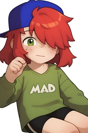 Score_9, Score_8_up, Score_7_up ,possummach , 1 boy , kiddraco, medium hair , red hair,Freckles ,1 boy , Backwards cap  ,blue headwear, green shirt ,long sleeves ,solo ,artstyle ,one eye covered , simple background , black shorts, looking_at_viewer , blush,??? 
 He smiles like a sun. Tender, cute