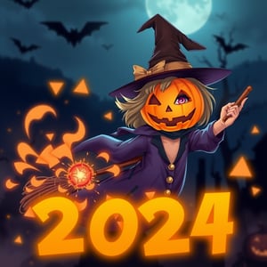 1girl, wearing pumpkin halloween mask, witch hat, flying broomstick, looking at the viewer, magic wand, magical night, magic that creates the word "HALLOWEEN 2024"