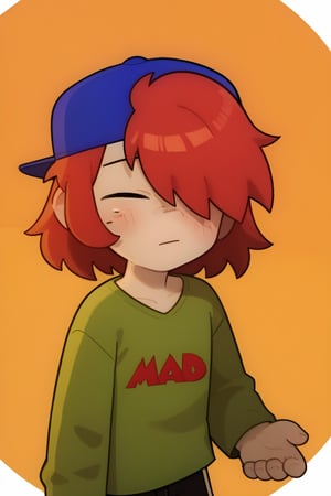 Score_9, Score_8_up, Score_7_up ,possummach , 1 boy , kiddraco, medium hair , red hair,Freckles ,1 boy , Backwards cap  ,blue headwear, green shirt ,long sleeves ,solo ,artstyle ,one eye covered , simple background , black shorts, looking_at_viewer , blush,??? 
 He smiles like a sun. Tender, cute