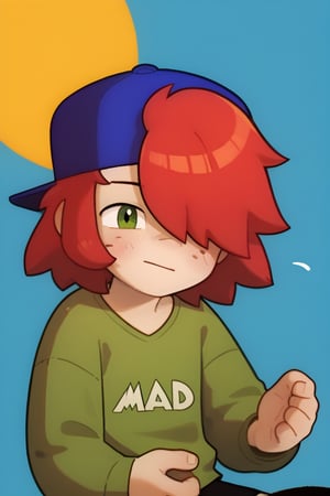 Score_9, Score_8_up, Score_7_up ,possummach , 1 boy , kiddraco, medium hair , red hair,Freckles ,1 boy , Backwards cap  ,blue headwear, green shirt ,long sleeves ,solo ,artstyle ,one eye covered , simple background , black shorts, looking_at_viewer , blush,??? 
 He smiles like a sun. Tender, cute