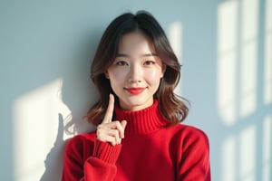 A stunning Korean lady with age of 45 years old stands confidently in front of a serene white wall, bathed in soft blue undertones. Framed from the waist up, natural light accentuates her features, casting a warm glow on her face and shoulders. She wearing trendy, contemporary red cashmere sweater, index finger extended. She has sporting a sensual smile. The camera captures her entire upper body against a spacious background, showcasing a balanced composition. Her direct gaze meets the lens, accompanied by a sensual smile that exudes confidence and charm.