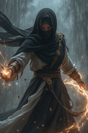 A Muslim woman wearing a burqa in a dynamic and dramatic pose, surrounded by an aura of energy. The character is wearing black and white flowing clothing with intricate details and appears to be performing some sort of action or movement, possibly related to magic or self-defense. The background is blurred with vertical lines suggesting rain or motion, enhancing the intensity of the scene. There are also small debris particles around the character, adding to the chaotic atmosphere. Epic character.