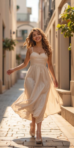 A fashionable young woman wearing a flowing summer dress is captured mid-spin on a sunlit street. Her dress and hair swirl around her as she smiles, with one arm extended outward, capturing the energy of the moment. The camera uses a medium shot with a 50mm lens, focusing on the
movement of her body and the playful expression on her face. The soft afternoon light creates warm, natural tones,
highlighting her silhouette as her dress catches the wind ,ek_ph0t0_b00ster