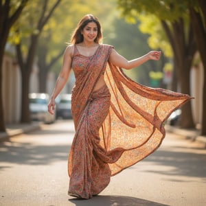 A fashionable young woman wearing a flowing summer dress is captured mid-spin on a sunlit street.  She is wearing a beautiful, intricately designed saree that drapes elegantly around her body as she smiles, with one arm extended outward, capturing the energy of the moment. The camera uses a medium shot with a 50mm lens, focusing on the movement of her body and the playful expression on her face. The soft afternoon light creates warm, natural tones, highlighting her silhouette as her dress catches the wind ,ek_ph0t0_b00ster