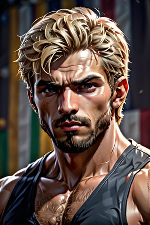 score_8_up, score_7_up, Expressiveh, masterpiece, best quality, best aesthetics, 
perfect anatomy, perfect proportions, high resolution, good colors, bright skin, 
good shading, countershading, well detailed background, absurdres, 1boy, focus
male, Rick_Flag, short hair, blonde hair, undercut, green eyes, black facial hair, 
stubble, muscular, portrait, tongue out, :p