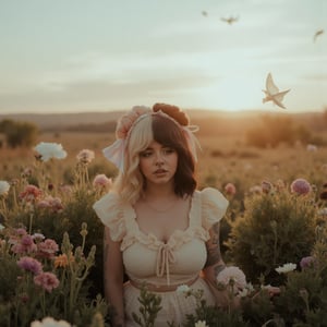 Melanie Martinez em um campo vasto e sereno, repleto de flores silvestres de cores vibrantes, como amarelo, PRETO E BRANCO, balançando suavemente ao vento. Ela está no centro da cena, usando um vestido vintage de cores suaves, talvez em tons de creme ou pastel, que contrasta lindamente com o fundo colorido. Seu cabelo está em um estilo característico, dividido ao meio, com metade em um tom de azul claro e a outra metade em rosa pálido. Sua expressão é sonhadora, quase melancólica, e o ambiente ao redor é iluminado pela luz suave do entardecer, criando uma atmosfera etérea e mágica. No horizonte, as flores parecem se estender infinitamente, com borboletas flutuando ao redor e uma sensação de paz e tranquilidade no ar.