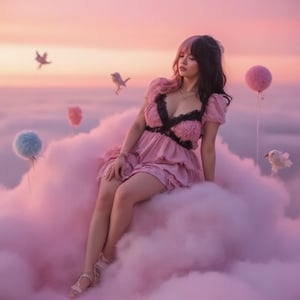 Create a surreal image of Melanie Martinez in 2024, floating among the clouds. She’s dressed in a pastel babydoll dress with gothic details like black lace and torn tulle, reflecting her current style. Her signature two-tone hair,half pink half black. Melanie is either lying or sitting on fluffy, voluminous clouds, surrounded by ethereal creatures like small plush birds and floating balloon-like objects in soft shades of pink, blue, and lilac. The sky around her is painted in dreamy sunset colors—orange, pink, and deep purple—giving a peaceful and dreamlike atmosphere. Melanie gazes into the horizon with a serene, contemplative expression. The title of the song or album could be written in a delicate, cloud-like font, blending seamlessly with the clouds around her."