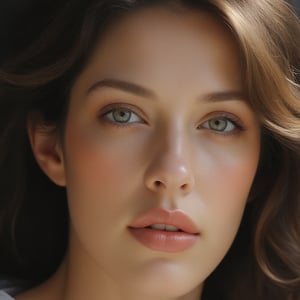 A close-up shot of a woman's face, taken from a low-angle perspective. The woman's head is facing the right side of the frame, her hair cascades over her shoulders. her hair is light brown. Her eyes are blue, her eyebrows are a light brown, and her lips are a darker shade of pink. The background is blurred, creating a soft glow to the scene.,luxury style